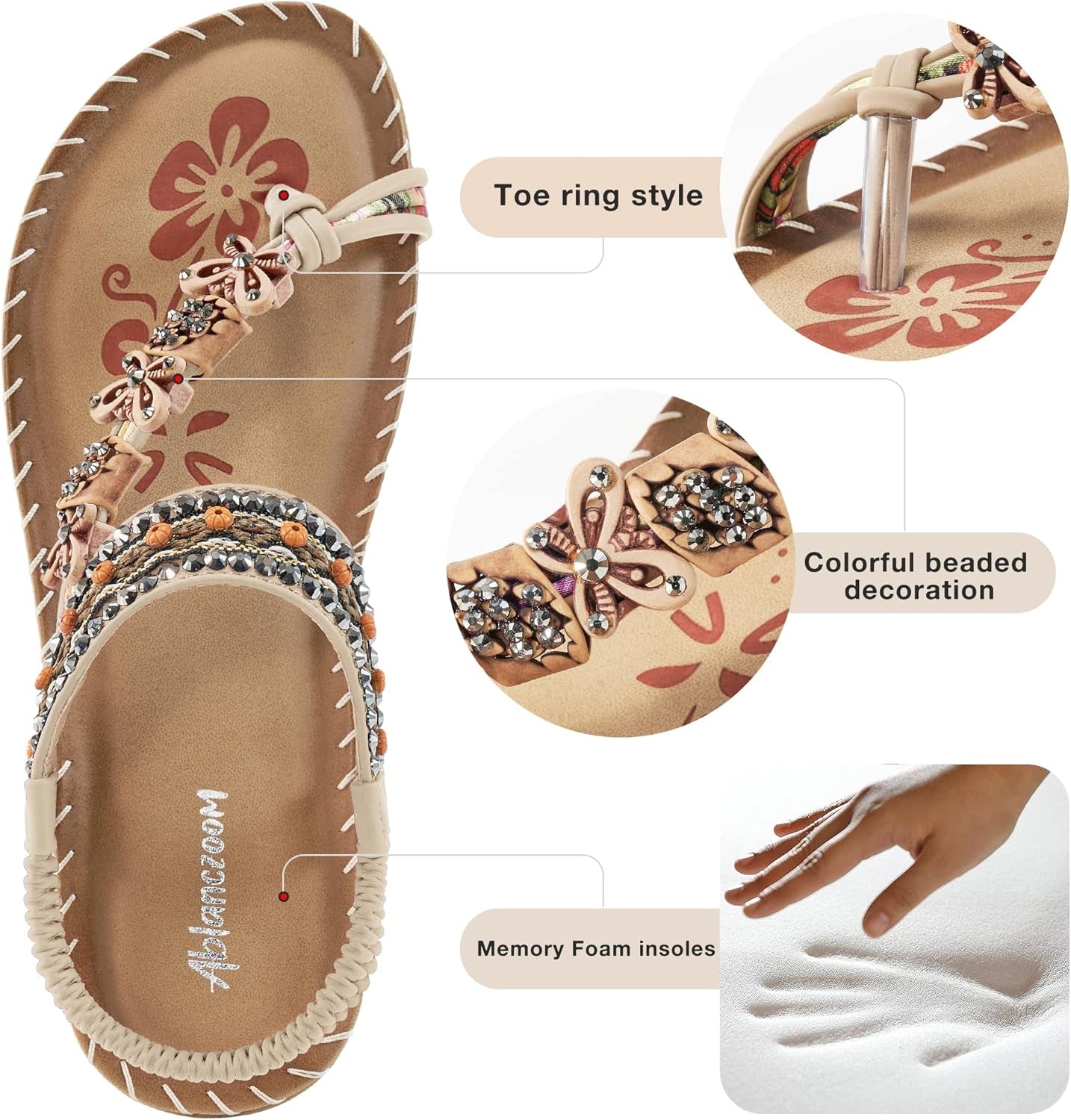 Womens Sandals Flats Shoes: Comfortable Bohemian Beaded Dressy Summer Flat Casual Ankle Strap Elastic Slip on Beach Sandal