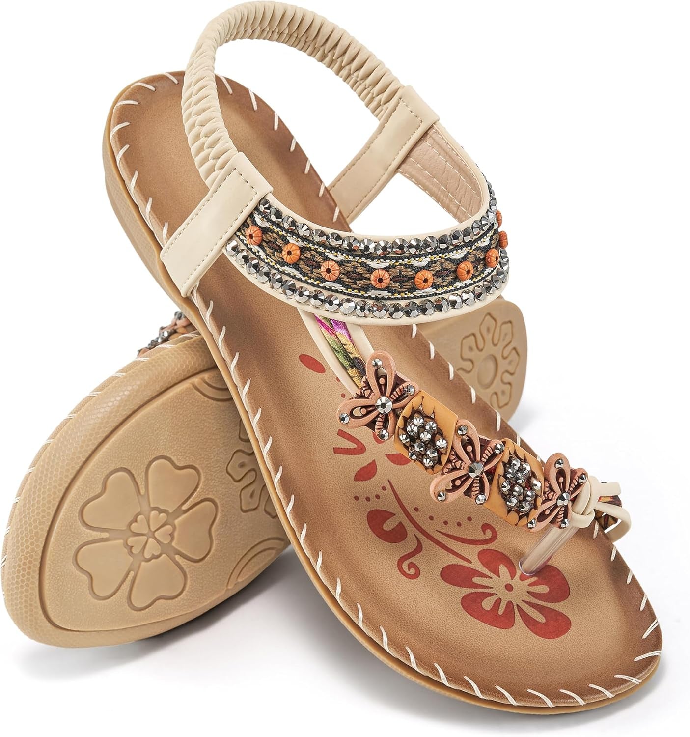 Womens Sandals Flats Shoes: Comfortable Bohemian Beaded Dressy Summer Flat Casual Ankle Strap Elastic Slip on Beach Sandal