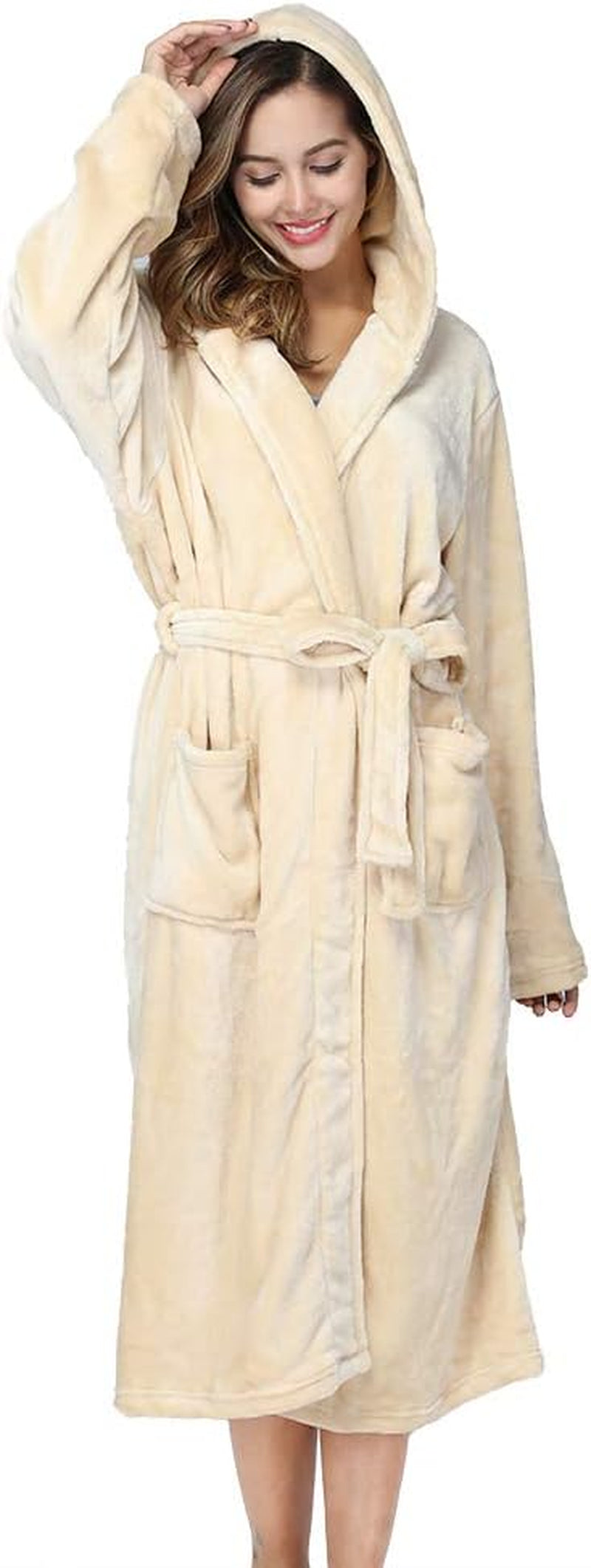 Womens Robes Plush Fleece Yellow Hooded Bathrobe Thick Nightgown with Pockets Fluffy Sleepwear Medium