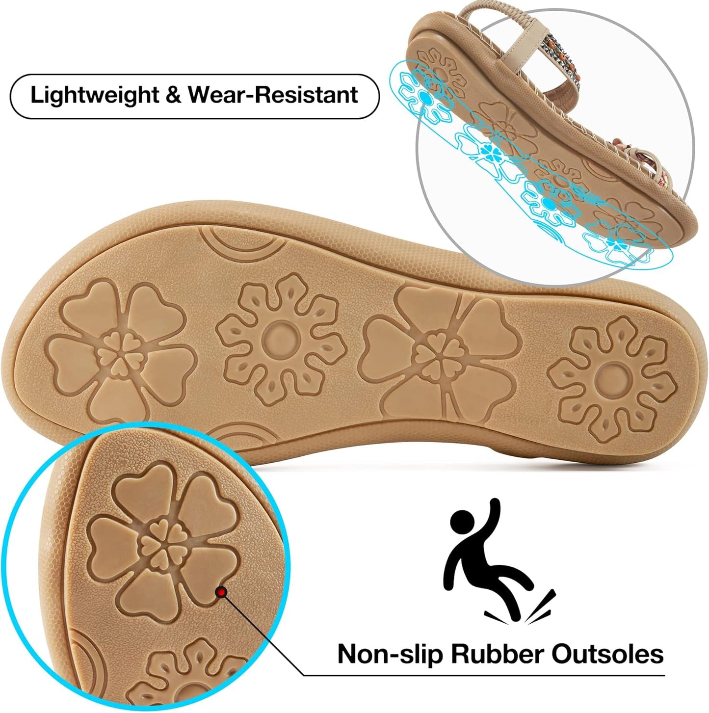 Womens Sandals Flats Shoes: Comfortable Bohemian Beaded Dressy Summer Flat Casual Ankle Strap Elastic Slip on Beach Sandal