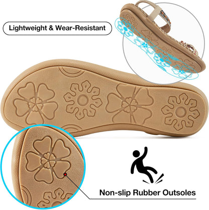 Womens Sandals Flats Shoes: Comfortable Bohemian Beaded Dressy Summer Flat Casual Ankle Strap Elastic Slip on Beach Sandal